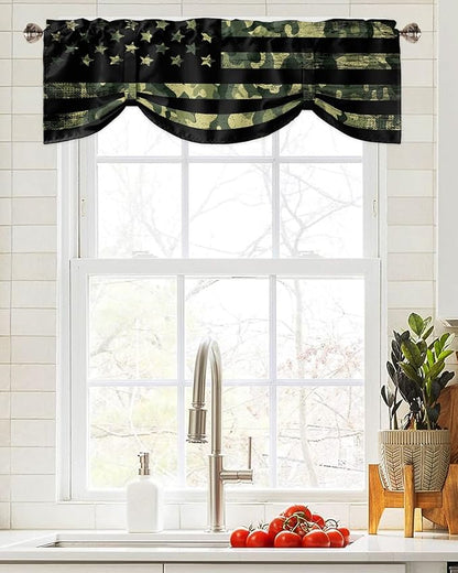 Rustic Green Camo Military Pattern American Flag Blackout Tie Up Valance Curtains for Kitchen Windows Camouflage Window Toppers Balloon Shades for Living Room/Bathroom/Bedroom,1 Panel,42" X 12"