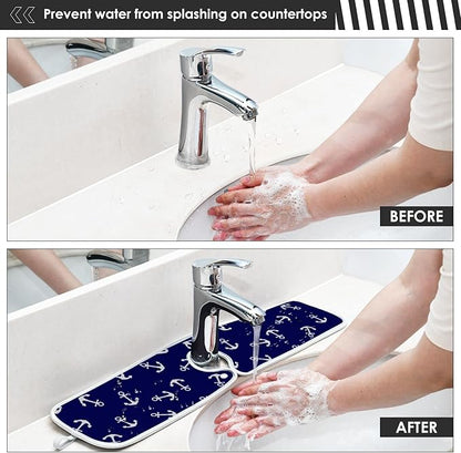 Nautical Theme Anchor Faucet Water Catcher Mat 2 Pack Navy Blue Sea Coastal Drying Mat Absorbent Bathroom Faucet Handle Drip Catcher Tray Bar RV Kitchen Sink Splash Guard 30x5 Inches