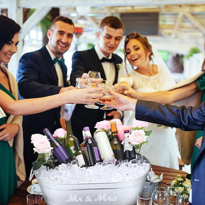 2 Pcs Wedding Mr and Mrs 5.5 Gallons Galvanized Beverage Stainless Steel Ice Buckets Tubs with Handles, Large Drink Wine Cooler Bins for Parties Farmhouse Garden Bar Christmas (Mr and Mrs)