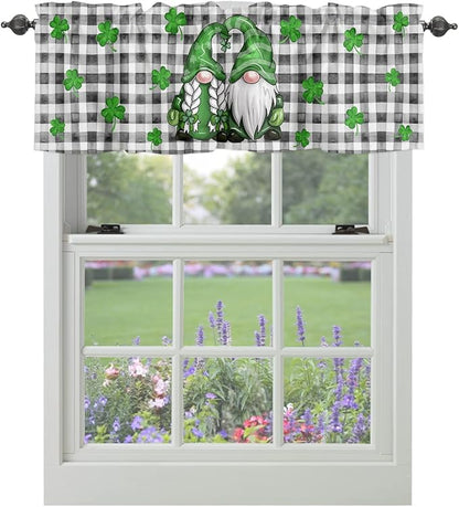 St. Patrick's Day Valances Kitchen Curtains for Windows,Buffalo Plaid Shamrock Gnome Elf Rod Pocket Valances Seasonal Spring Holiday Farmhouse Decor Short Curtains for Bedroom,54" X 18" -1 Panel