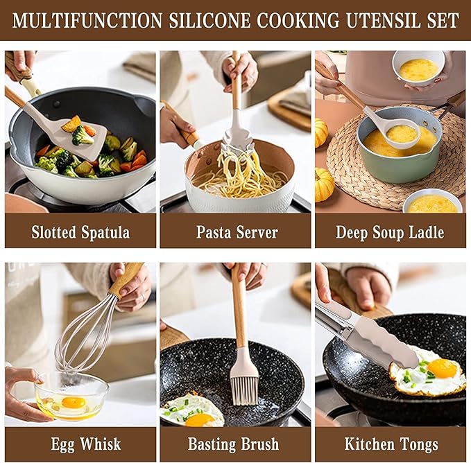 Kitchen Utensils Set, 33 pcs Non-Stick Silicone Cooking Utensils Set, Heat-Resistant Silicone, Wooden Utensils for Cooking, Kitchen Gadgets Spatula Set, Apartment Essentials Kitchen Set (Khaki)