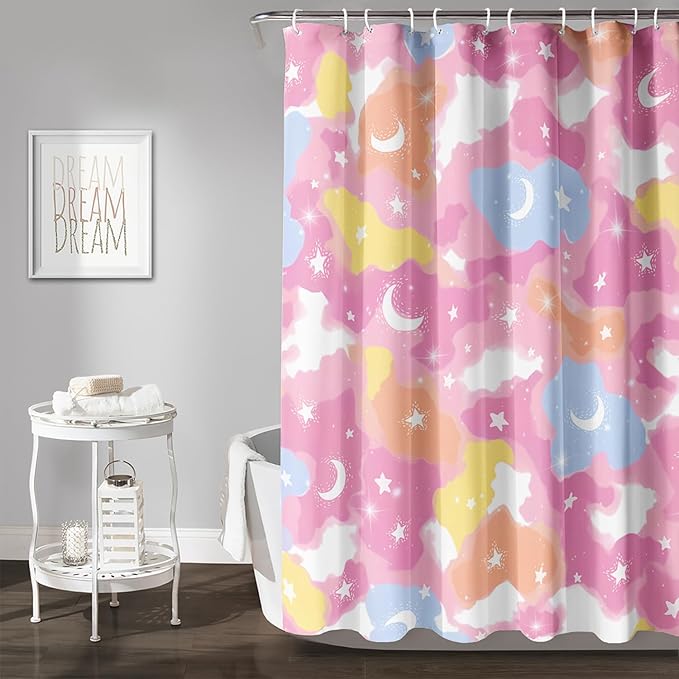 AILONEN Pink Galaxy Shower Curtain,Star and Moon Theme Bathroom Shower Curtain for Girls Kids Teens, 48" W*72" H Colorful Starry Sky Shower Curtain for Bathroom