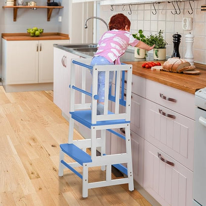 COSYLAND Kids Kitchen Step Stool, Toddler Standing Tower with CPC & FSC Certification, Removable Anti-Drop Railing Safety Rail Enjoys Unique Patented Design A Anti-tip Stable Structure Blue & White