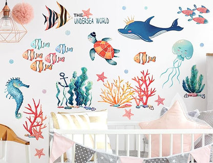 8 Sheets Under The Sea World Wall Decals Ocean Animals Wall Decals Removable DIY Ocean Fish Seahorse Coral Turtle Wall Decor for Kids Baby Bathroom Bedroom Living Room Playroom TV Wall Decor