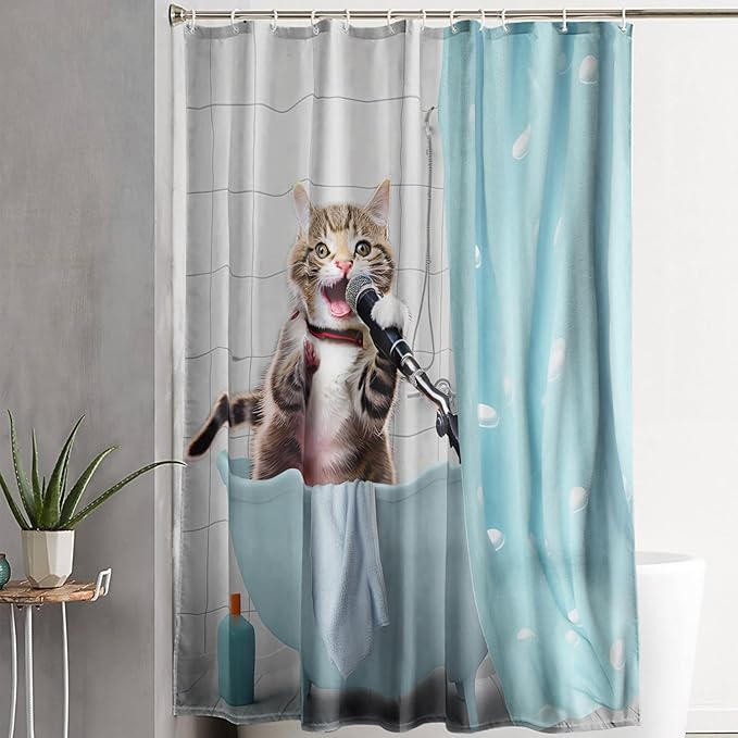 AILONEN Cartoon Shower Cat Shower Curtain for Kids Boys,Funny Singing Cat Waterproof Fabric Shower Curtain for Bathroom,Lovely Hilarious Pet Shower Curtain Set with Hooks,60" W*72" H