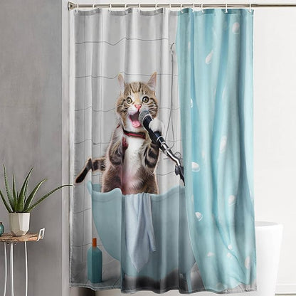 AILONEN Cartoon Shower Cat Shower Curtain for Kids Boys,Funny Singing Cat Waterproof Fabric Shower Curtain for Bathroom,Lovely Hilarious Pet Shower Curtain Set with Hooks,48" W*72" H