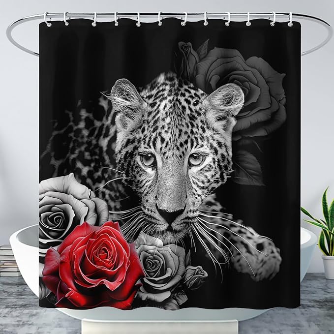AILONEN Grey Leopard Shower Curtains for Women,Rose Leopard Bath Curtains Gifts for Lover,Polyester Waterproof for Bathroom with 12 Plastic Hooks 72" W*96" H Grey