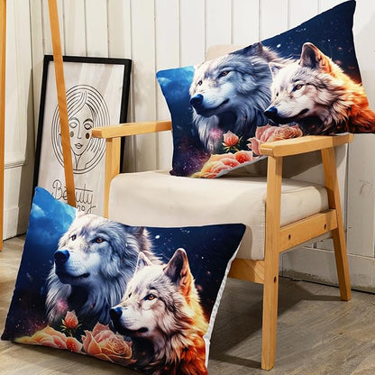 AILONEN Wolf Fitted Sheet Set Queen Size, Red Floral Flower and Wolves Animals Bed Sheet Set,3 Pieces Safari Wolf Bed Sheet Set for Boys Girls,1 Fitted Sheet with 2 Pillowcases