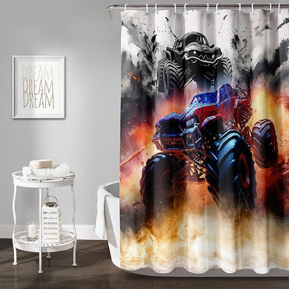 AILONEN Boys Monster Truck Shower Curtain for Bathroom, Watercolor Truck Bath Curtain,Cartoon Truck Shower Curtain for Kids Teen,Waterproof Curtain Bathroom 72" W*78" H Decor with 12 Plastic Hooks