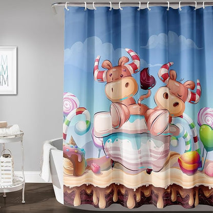 AILONEN Cute Cow Kids Shower Curtain 72" W*96" H Cartoon Candy Printed Shower Curtain Boys Girls Children Bathroom Curtain Decor Polyester Waterproof Curtain with 12 Hooks