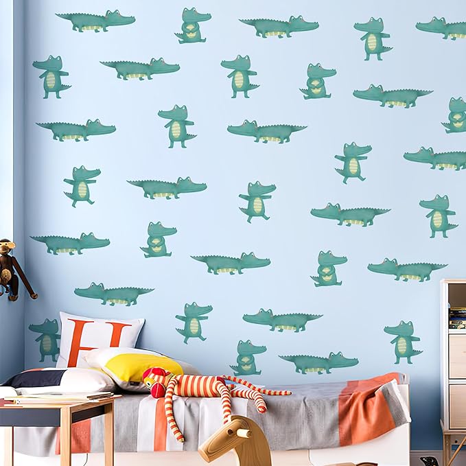 5 Sheets Cartoon Animal Wall Decal Removable DIY Green Small Crocodile Wall Decal Peel and Stick Jungle Animals Wall Stickers Wall Art for Baby Nursery Bedroom Living Room Playroom Decor