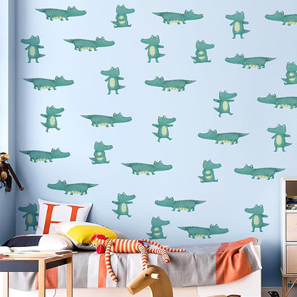 5 Sheets Cartoon Animal Wall Decal Removable DIY Green Small Crocodile Wall Decal Peel and Stick Jungle Animals Wall Stickers Wall Art for Baby Nursery Bedroom Living Room Playroom Decor