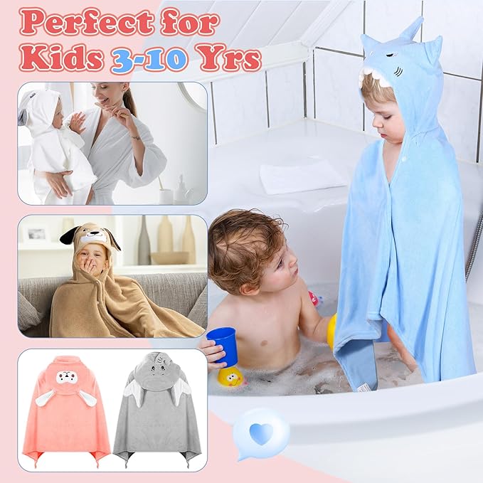 6 Pcs Hooded Towel for Kids Toddler Bath Towels 27.6" x 55" Large Kids Beach Towels for 3-10 Years Soft Pool Towel with Animal Hoods for Boy Girl