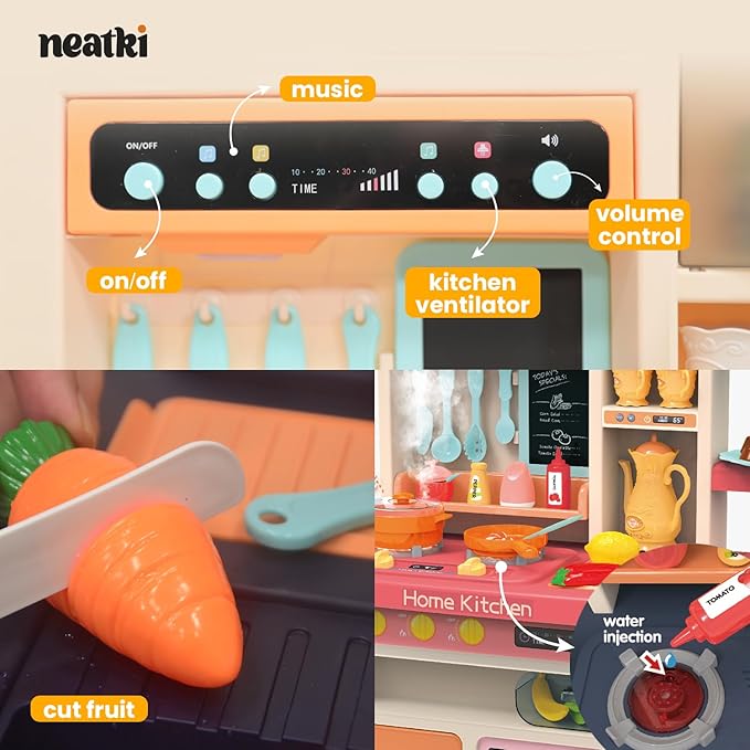 Kids Play Kitchen Set: 27.95 x 11.22 x 36.81 Inches, 65-Piece Toy Set, Functional Faucet, Steaming, Lights and Sound, Educational Toy with Kitchen Accessories, for Kids 3 and Up (Pink)