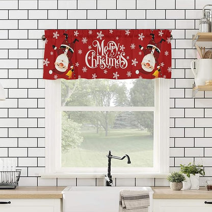 Red Merry Christmas Valance Curtains for Kitchen Windows Funny Hanging Santa Rod Pocket Window Treatment Toppers for Kitchen/Living Room/Bedroom/Bathroom, 60" X 18", Snow Winter Holiday