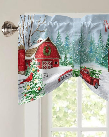 Red Truck Christmas Blackout Tie Up Valance Curtains for Kitchen Windows Merry Christmas Farmhouse Window Toppers Balloon Shades for Living Room/Bathroom/Bedroom,1 Panel, 60" X 18", Winter Xmas Tree