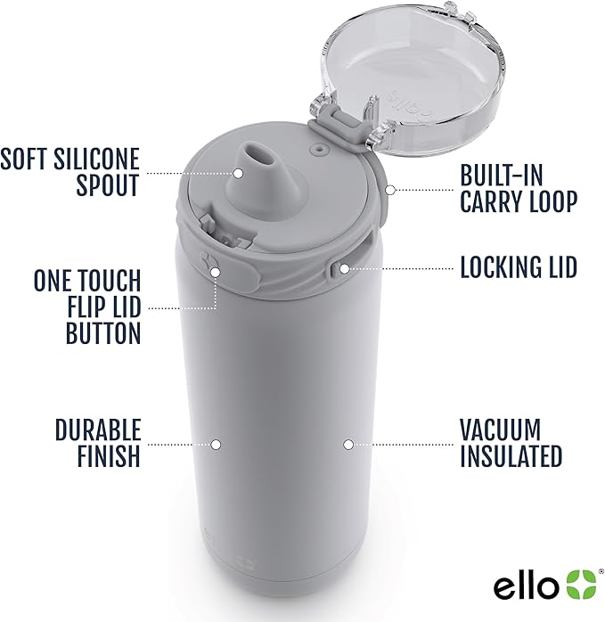Ello Cooper 32oz Stainless Steel Water Bottle with Straw and Carry Handle, Double Walled and Vacuum Insulated Metal, Leak Proof Locking Lid with Soft Silicone Spout, Reusable, BPA Free, Grey