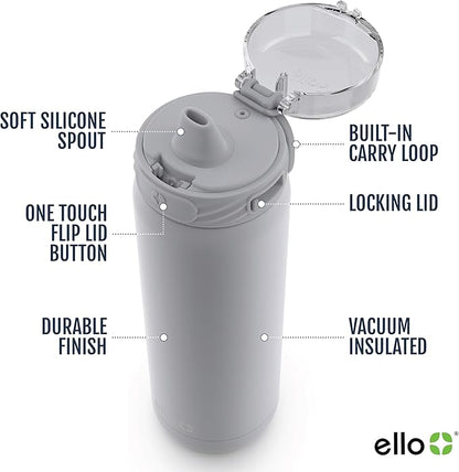 Ello Cooper 32oz Stainless Steel Water Bottle with Straw and Carry Handle, Double Walled and Vacuum Insulated Metal, Leak Proof Locking Lid with Soft Silicone Spout, Reusable, BPA Free, Grey