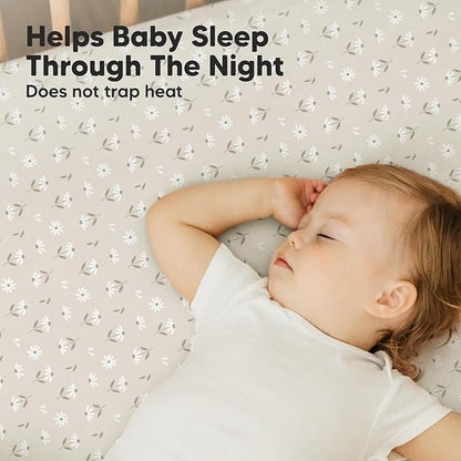 2-Pack Mini Crib Sheets Fitted, Pack and Play Sheets - Organic Cotton Pack N Play Sheets for Pack and Play Mattress, Playard Baby Crib Sheets, Jersey Crib Sheets Neutral for Boys, Girls (Daisies)