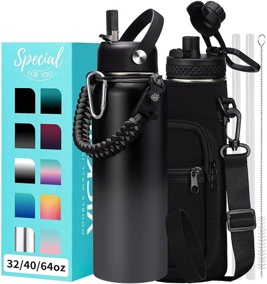 40 oz Water Bottles Insulated - Wide Mouth Stainless Steel Water Bottle with Straw, Spout Lid, Paracord Handle, Carrier Bag, Protective Boot, Metal Water Jug Keep Cold 48H Hot 24H, Hydro Mug Flask