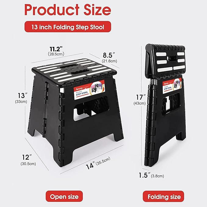 ACSTEP 13“ Folding Step Stool for Adults 1 Pack,Holds Up to 330 lbs, Thicken Plastic Folding Step Stool is Sturdy Enough to Support Adults and Safe Enough for Kids .Black