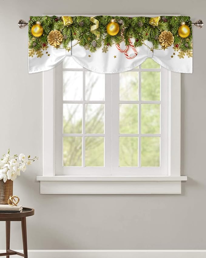 Christmas Blackout Tie Up Valance Curtains for Kitchen Windows Pine Cones Window Toppers Balloon Shades for Living Room/Bathroom/Bedroom,1 Panel,42" X 12" Golden Ornament Balls
