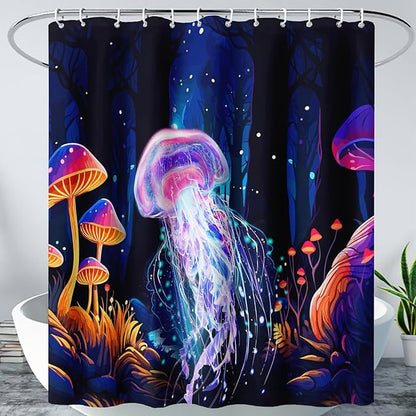 AILONEN Beautiful Jellyfish Shower Curtain,Magic Mushroom Waterproof Fabric Bath Curtain for Kids Girls,Boho Style Mysterious Planet Shower Curtain Set for Bathroom, 72" W*96" H