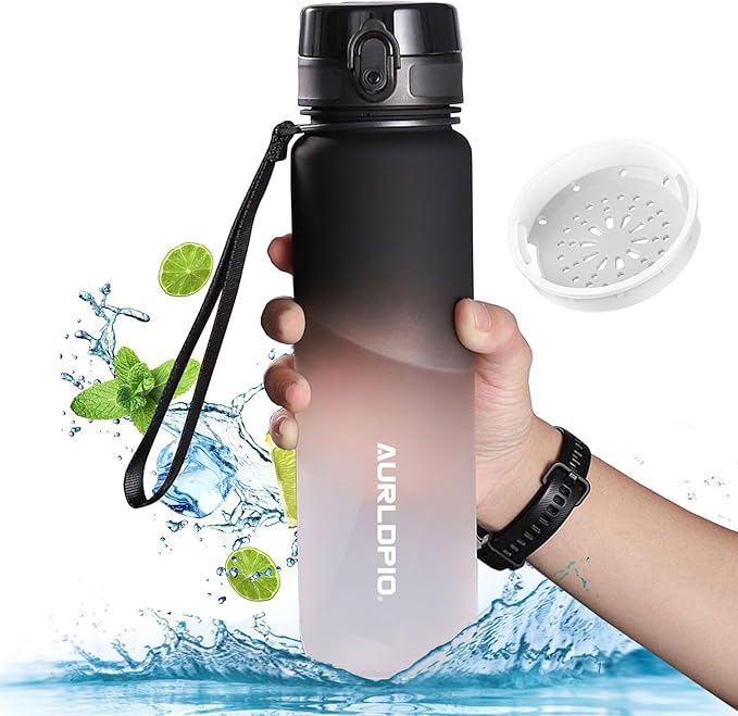 32oz/1L Water Bottle, Sports Water Bottle with Times to Drink & Lock Cover+Strainer,BPA-Free, Leakage Proof, Sports Drink Bottle for Bicycle, Outdoor, Gym, School, Reusable Daily(Black-Gray)