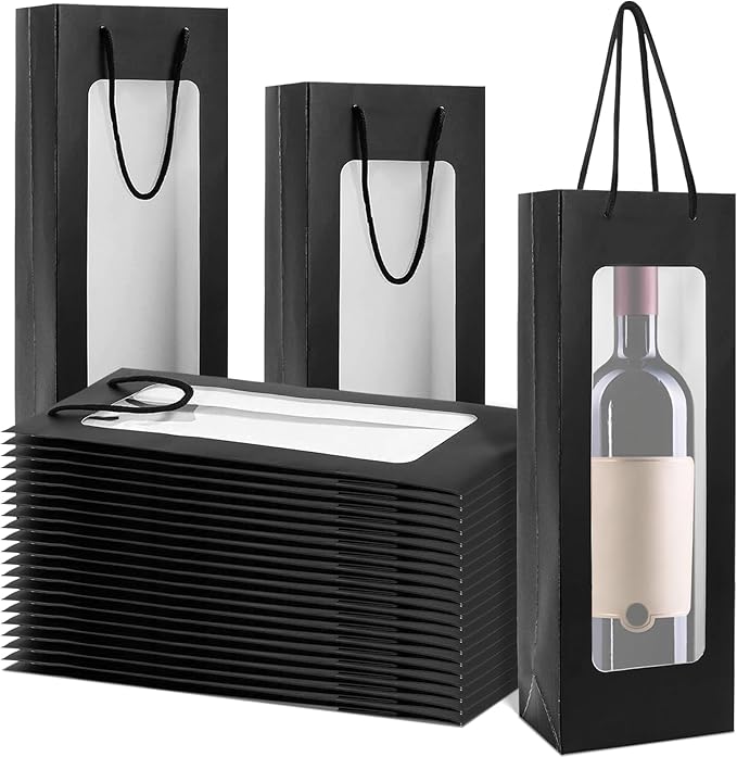 ALMOXVYE 34 Pack Wine Gift Bags with Handles, 14.2 x 4.9 x 3.4 Inch Paper Wine Bottle Bags with Clear Window, Black Wine Bags Bulk for Christmas Wedding Birthday Anniversary