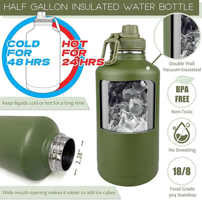 64 Oz Insulated Water Bottle with Sleeve (All Military Green) - Half Gallon Water Jug with Handle - Stainless Steel Sports Water Bottle for Gym Workout Hiking Tactical Bottle with Pouch