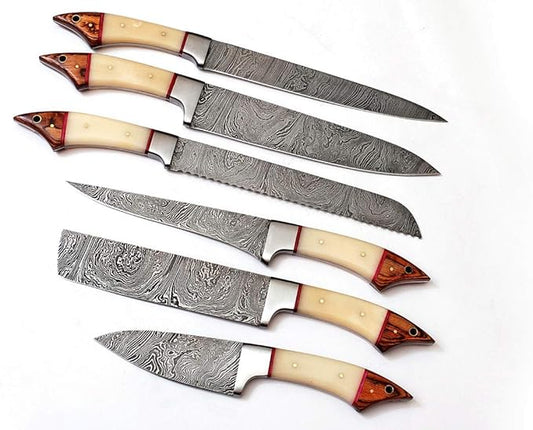 Randy,Custom made damascus steel kitchen/chef's knife set with leather roll bag DR-1061-B-6.