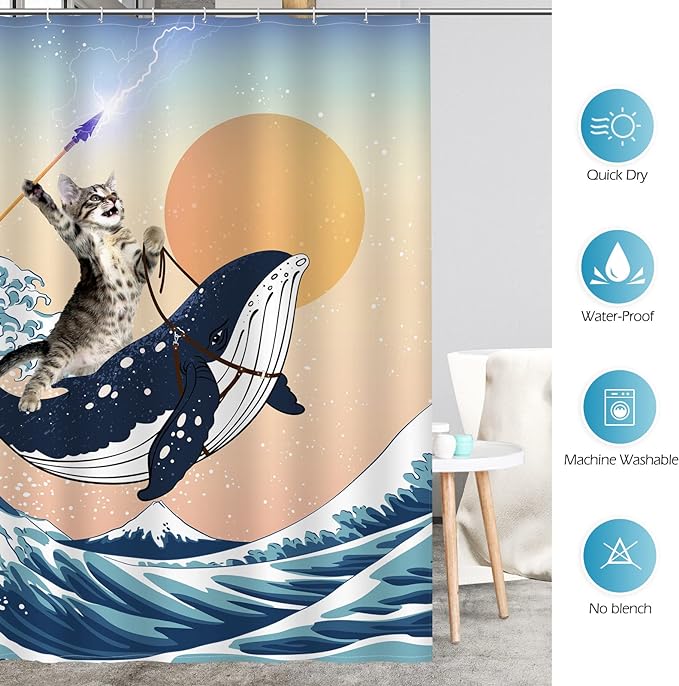 Aimego Long Funny Shower Curtain - Cute Cat Riding Shark in Ocean Wave, Whale Cat Fabric Cloth Fun Bath Shower Curtain Set with 12 Hooks for Bathroom Decor Bathtub Curtain, 72"x78"