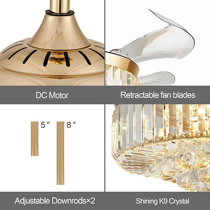 42'' Gold Crystal Chandelier Fan Fandelier Retractable Ceiling Fan with Light and Remote, Invisible Fandelier Ceiling Fan with Light for Bedroom Living Room(crystal-gold)