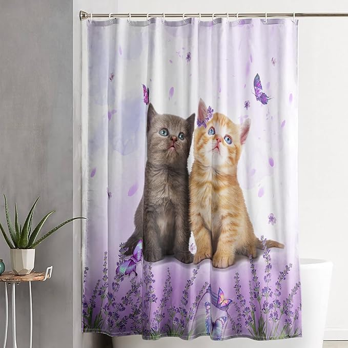 AILONEN Cartoon Cat Shower Curtain, Kawaii Kittens with Purple Flower Shower Curtain for Kids Girls Boys Bathroom Decor,Cute Pet Cat Lover Waterproof Shower Curtains Sets with Hooks,36" W*72" H