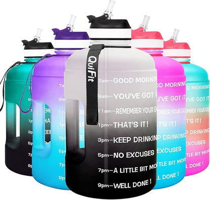 QuiFit Motivational Gallon Water Bottle - with Straw & Time Marker BPA Free Large Reusable Sport Water Jug with Handle for Fitness Outdoor Enthusiasts Leak-Proof