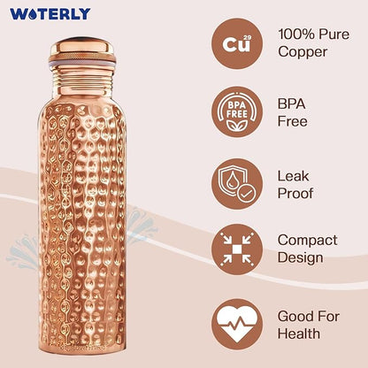 Handcrafted Pure Hammered Copper Bottle 34 oz (1000 ml) | Ayurvedic Pure Copper Bottle | Best use for Office, Gym & gifts | 100% Pure Heavy Copper Material with Leak proof Quality ( Hammered )