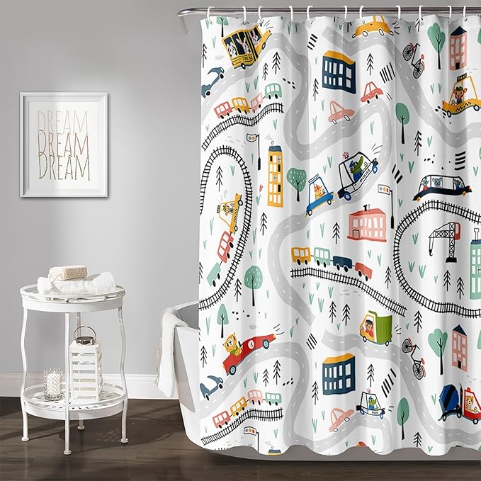 AILONEN Construction Truck Shower Curtain, Kids Cartoon Train Vehicle Tractor Cars Bath Curtain for Boys,White Road Map Bathroom Decor Waterproof Fabric 72" W*78" H Inch with 12 Plastic Hooks