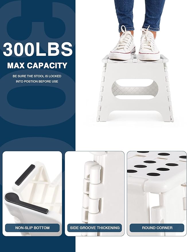 Non-Slip Folding Step Stool - 11 inch Height Premium Heavy Duty Foldable Step Stool for Kids, Kitchen Garden Bathroom Camping Stepping Stool - White