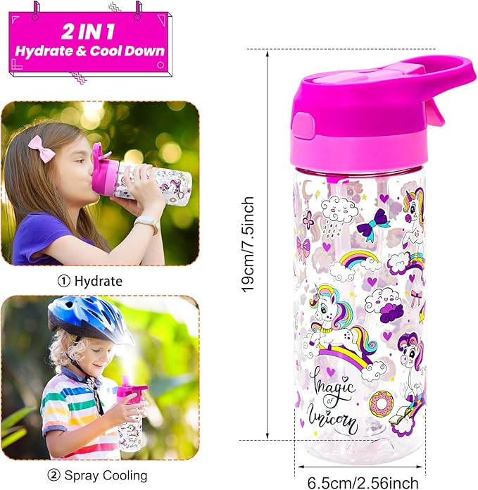 Kids Water Bottle with Spray Mist, 420ml Portable Kids Spray Drinking Bottle for Boys Girls School Cool Down and Hydrate