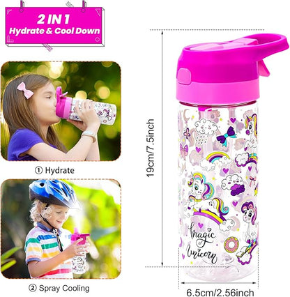 Kids Water Bottle with Spray Mist, 420ml Portable Kids Spray Drinking Bottle for Boys Girls School Cool Down and Hydrate