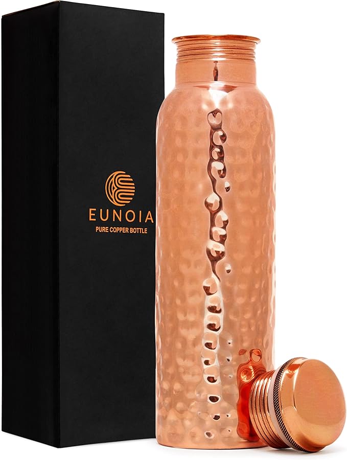 Eunoia Copper Water Bottle with Lid 32 oz, Handmade Ayurvedic Copper Bottle Water Vessel, Gym Water Bottle for Sports Exercise Yoga Fitness, Hammered Natural