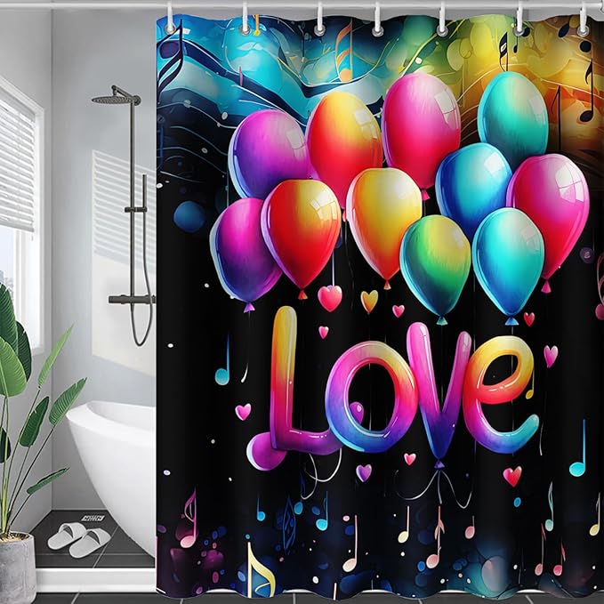 AILONEN Love Theme Shower Curtain for Bathroom, Romantic Rainbow Balloon Tie Dye Bath Curtain for Kids Girls Women,Abstract Music Black Shower Curtain Waterproof with 12 Plastic Hooks, 48" W*72" H