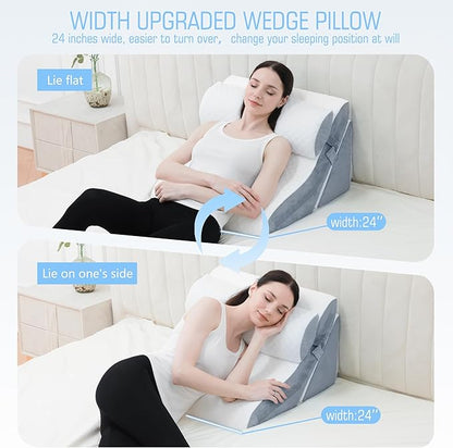 3PCS Bed Wedge Pillow for Sleeping, 20-in-1 Adjustable Memory Foam Wedge Pillow for Back Leg Pain Relief, 23" Wide Wedge Pillow for After Surgery, Acid Reflux, Snoring, Back Pain