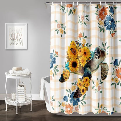 AILONEN Sea Turtle Shower Curtain for Bathroom, Sunflower Turtle Bathroom Curtain,Ocean Turtle Floral Grid Bath Curtain 72" W*78" H Polyester Waterproof Bathroom Curtain with 12 Hooks