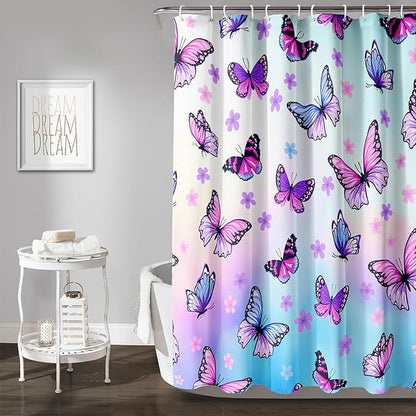 AILONEN Pink Butterfly Girls Shower Curtain for Bathroom Decor,Beautiful Floral Butterfly Women Butterfly Bath Curtain 36" W*72" H Polyester Waterproof Bathroom Curtain with 12 Hooks