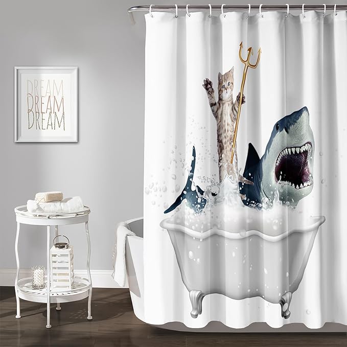 AILONEN 3D Bathtub Shark Shower Curtain for Kids 90 * 180 Inch,Cat Riding Shark in a Bathtub Shower Curtain,12 Pack Hooks Polyester Waterproof Fabric Decor for Bathroom Bathtub Panels