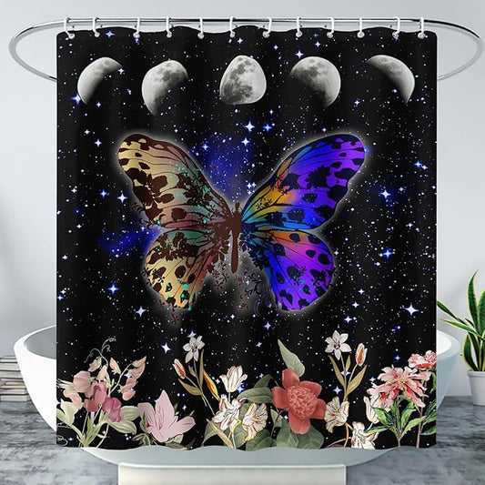 AILONEN Colorful Moth Shower Curtain,Sun and Moon Shower Curtain Set for Kids Girls Boys,Boho Natural Flowers Bath Curtain,Starry Night Bathroom Decor Shower Curtain with 12 Hooks,72" W*72" H