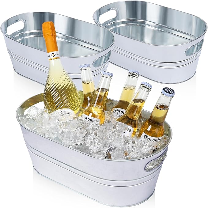 3 Pcs Galvanized Tub 3 Gallon Ice Bucket Metal Drink Buckets for Parties Beer Beverage Tub with Carry Handles for Champagne Cocktails Wine Cooling for Mimosa Bar Supplies