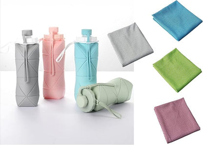 Gift for Father Day and Graduation, New Portable Silicone Collapsible Water bottle with Cooling Towel for Traveling and Outdoor Sports,600ml BPA Free Water Bottle,Summer Essentials (Blue)