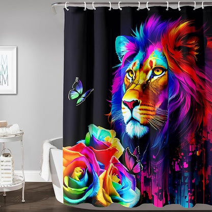 AILONEN Colorful Lion Shower Curtain for Kids Boys Teens,Rose Flower Graffiti Lion Bath Curtain for Bathroom Decor,Romantic Polyester Waterproof with 12 Plastic Hooks 72" W*72" H